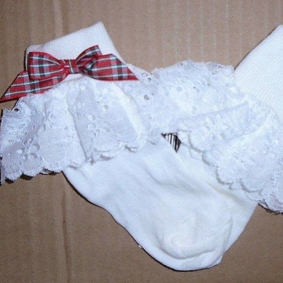Vintage 1 Pairs Lace trim Plaid Bow Pageant Socks